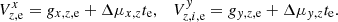 Mathematical equation: $$ \begin{aligned} V^x_{z,\mathrm{e}} = {g}_{x,z,\mathrm{e}} +\Delta \mu _{x,z} t_{\rm e}, \quad V^{ y}_{z,i,\mathrm{e}} = {g}_{{ y},z,\mathrm{e}} +\Delta \mu _{{ y},z} t_{\rm e}. \end{aligned} $$
