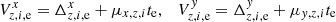Mathematical equation: $$ \begin{aligned} V^x_{z,i,\mathrm{e}} = \Delta ^x_{z,i,\mathrm{e}} + \mu _{x,z,i} t_{\rm e}, \quad V^{ y}_{z,i,\mathrm{e}} = \Delta ^{ y}_{z,i,\mathrm{e}} + \mu _{{ y},z,i} t_{\rm e} \end{aligned} $$