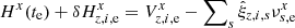 Mathematical equation: $ H^x(t_{\mathrm{e}}) +\delta H^x_{z,i,\mathrm{e}}=V^x_{z,i,\mathrm{e}} - \sum\nolimits_s \hat{\xi}_{z,i,s} \nu^x_{s,\mathrm{e}} $