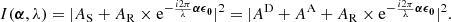 Mathematical equation: $$ \begin{aligned} I ({\boldsymbol{\alpha }}, \lambda ) = \vert A_{\rm S} + A_{\rm R} \times \mathrm{e}^{- \frac{i 2 \pi }{\lambda } {\boldsymbol{\alpha }} {\boldsymbol{\epsilon }}_{\boldsymbol{0}}} \vert ^{2} = \vert A^\mathrm{D} + A^\mathrm{A} + A_{\rm R} \times \mathrm{e}^{- \frac{i 2 \pi }{\lambda } {\boldsymbol{\alpha }} {\boldsymbol{\epsilon }}_{\boldsymbol{0}}} \vert ^{2}. \end{aligned} $$