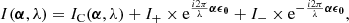 Mathematical equation: $$ \begin{aligned} I ({\boldsymbol{\alpha }}, \lambda ) = I_{\rm C} ({\boldsymbol{\alpha }}, \lambda ) + I_{+} \times \mathrm{e}^{\frac{i 2 \pi }{\lambda } {\boldsymbol{\alpha }} {\boldsymbol{\epsilon }}_{\boldsymbol{0}}} + I_{-} \times \mathrm{e}^{- \frac{i 2 \pi }{\lambda } {\boldsymbol{\alpha }} {\boldsymbol{\epsilon }}_{\boldsymbol{0}}}, \end{aligned} $$