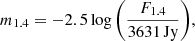 $$ \begin{aligned} m_{1.4}=-2.5\log {\left(\frac{F_{1.4}}{3631\,\mathrm{Jy}}\right)}, \end{aligned} $$