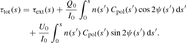 $$ \begin{aligned} \tau _{\mathrm{tot}}(s)&= \tau _{\mathrm{ext}}(s) + \frac{Q_0}{I_0}\int _0^s n(s^{\prime })\,C_{\mathrm{pol}}(s^{\prime })\cos 2\psi (s^{\prime })\,{\mathrm{d}} s^{\prime } \nonumber \\&\quad + \frac{U_0}{I_0}\int _0^s n(s^{\prime })\,C_{\mathrm{pol}}(s^{\prime })\sin 2\psi (s^{\prime })\,{\mathrm{d}} s^{\prime }. \end{aligned} $$