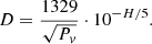$$ \begin{aligned} D=\frac{1329}{\sqrt{P_{ v}}}\cdot 10^{-H/5}. \end{aligned} $$