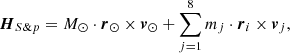 $$ \begin{aligned} {\boldsymbol{H}}_{S \& p}=M_{\odot }\cdot {\boldsymbol{r}}_{\odot }\times {\boldsymbol{v}}_{\odot }+\sum _{j=1}^{8}m_j\cdot {\boldsymbol{r}}_i\times {\boldsymbol{v}}_j, \end{aligned} $$