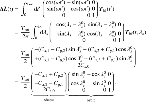 \begin{eqnarray*}\nonumber \boldsymbol{\Delta} \tilde{\vec{L}}(t) &=&\int_0^{T_{\textrm{rot}}}\textrm{d}t&#x0027;\, \left( \begin{array}{rrr} \cos (\omega t&#x0027;) & -\sin (\omega t&#x0027;) & 0 \\ \sin (\omega t&#x0027;) & \cos (\omega t&#x0027;) & 0 \\ 0 & 0 & 1 \\ \end{array} \right) \vec{T}_{\textrm{bf}}(t&#x0027;)\\\nonumber &=&\frac{T_{\textrm{rot}}}{2\pi}\int_0^{2\pi}\!\!\!\textrm{d} \lambda_s \left( \begin{array}{rrr} \cos (\lambda_s-\lambda_s^0) & \sin (\lambda_s-\lambda_s^0) & 0 \\[4pt] -\sin (\lambda_s-\lambda_s^0) & \cos (\lambda_s-\lambda_s^0) & 0 \\ 0 & 0 & 1 \\ \end{array} \right) \vec{T}_{\textrm{bf}}(t,\lambda_s)\\\nonumber &=&\frac{T_{\textrm{rot}}}{2}\left( \begin{array}{c} -(C_{x,1}-C_{y,2}) \sin \lambda_s^0-(C_{x,2}&#x002B;C_{y,1}) \cos \lambda_s^0\\[4pt] &#x002B;(C_{x,1}-C_{y,2}) \cos \lambda_s^0-(C_{x,2}&#x002B;C_{y,1}) \sin \lambda_s^0\\ 2 C_{z,0} \end{array} \right)\\ &=&\frac{T_{\textrm{rot}}}{2} \underbrace{\left( \begin{array}{c} -C_{x,1}&#x002B;C_{y,2}\\[4pt] -C_{x,2}-C_{y,1}\\ 2 C_{z,0} \end{array} \right)}_{\text{shape}} \underbrace{\left( \begin{array}{rrr} \sin \lambda_s^0&-\cos \lambda_s^0&0\\[4pt] \cos \lambda_s^0& \sin \lambda_s^0&0\\ 0 & 0 &1 \end{array} \right)}_{\text{orbit}}.\end{eqnarray*}