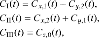 \begin{eqnarray*}&& \hspace*{-6pt}C_{\textrm{I}}(t)=C_{x,1}(t)-C_{y,2}(t),\nonumber\\ && \hspace*{-6pt}C_{\textrm{II}}(t)=C_{x,2}(t)+C_{y,1}(t),\\ && \hspace*{-6pt}C_{\textrm{III}}(t)=C_{z,0}(t),\nonumber \end{eqnarray*}