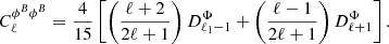 $$ \begin{aligned} C^{\phi ^B\phi ^{B}}_{\ell }=\frac{4}{15}\left[\left(\frac{\ell +2}{2\ell +1}\right)D^\Phi _{\ell _1-1}+\left(\frac{\ell -1}{2\ell +1}\right)D^\Phi _{\ell +1}\right]. \end{aligned} $$