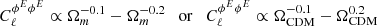 $$ \begin{aligned} C_\ell ^{\phi ^{E}\phi ^{E}}\propto \Omega _m^{-0.1}-\Omega _m^{-0.2}\quad \mathrm{or} \quad C_\ell ^{\phi ^{E}\phi ^{E}}\propto \Omega _{\rm CDM}^{-0.1}-\Omega _{\rm CDM}^{0.2} \end{aligned} $$