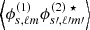 $ \left\langle \phi^{(1)}_{s,\ell m}\phi^{(2)~\star}_{s{{\prime}},\ell{{\prime}}m{{\prime}}}\right\rangle $