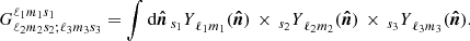 $$ \begin{aligned} G^{\ell _1m_1s_1}_{\ell _2m_2s_2;\ell _3m_3s_3}= \displaystyle \int {\mathrm{d} }\boldsymbol{\hat{n}}\,{_{s_1}Y}_{\ell _1m_1}(\boldsymbol{\hat{n}})\, \times \,{_{s_2}Y}_{\ell _2m_2}(\boldsymbol{\hat{n}})\,\times \,{_{s_3}Y}_{\ell _3m_3} (\boldsymbol{\hat{n}}). \end{aligned} $$