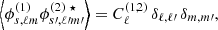 $$ \begin{aligned} \left\langle \phi ^{(1)}_{s,\ell m}\phi ^{(2)~\star }_{s{\prime },\ell {\prime }m{\prime }}\right\rangle =C^{(1,2)}_{\ell }\,\delta _{\ell ,\ell {\prime }}\,\delta _{m,m{\prime }}, \end{aligned} $$