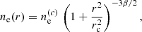 $$ \begin{aligned} n_{\rm e}(r)=n_{\rm e}^{(c)}\,\left(1+\frac{r^2}{r_{\rm c}^2}\right)^{-3\beta /2} , \end{aligned} $$