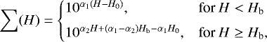 \begin{equation*} \sum(H)=\begin{cases} 10^{\alpha_1(H-H_0)}, & \text{for $H<H_{\textrm{b}}$}\\[4pt] 10^{\alpha_2H&#x002B;(\alpha_1-\alpha_2)H_{\textrm{b}}-\alpha_1H_0}, & \text{for $H \geq H_{\textrm{b}}$}, \end{cases} \end{equation*}