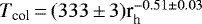 $T_{\textrm{col}}\,{=}\,(333\,{\pm}\,3)\textrm{r}_{\textrm{h}}^{-0.51 \pm 0.03}$