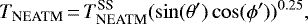 \begin{equation*} T_{\textrm{NEATM}}\,{=}\,T_{\textrm{NEATM}}^{\textrm{SS}} (\sin(\theta') \cos(\phi'))^{0.25},\end{equation*}