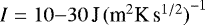 Mathematical equation: $I=10{-}30\,{\textrm{J}\,(\textrm{m}^2 \textrm{K}\,\textrm{s}^{1/2})}^{-1}$