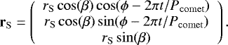 Mathematical equation: \begin{equation*} \mathbf{r}_{\mathrm{S}} = \left(\begin{array}{c} r_{\mathrm{S}}\cos(\beta)\cos(\phi-2\pi t/P_{\mathrm{comet}}) \\ r_{\mathrm{S}}\cos(\beta)\sin(\phi-2\pi t/P_{\mathrm{comet}}) \\ r_{\mathrm{S}}\sin(\beta) \end{array}\right) .\end{equation*}
