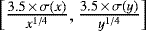 $\left[\frac{3.5\,\times\,\sigma(x)}{x^{1/4}}, \frac{3.5\,\times\,\sigma(y)}{y^{1/4}}\right]$
