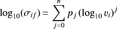 \begin{equation*} \log_{10}(\sigma_{if}) \,{=}\, \sum_{j=0}^n{ p_j\, (\log_{10}\varv_i)^{j} }\vspace*{-3pt}\end{equation*}