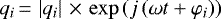 $q_{i}\,{=}\,\left|q_{i}\right|\,{\times}\,\exp\left(j\left(\omega t+\varphi_{i}\right)\right)$