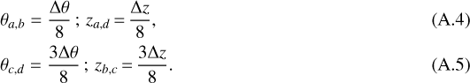 \begin{eqnarray*} \hspace*{-6pt}&&\theta_{a,b}=\frac{\Delta\theta}{8}\,;\,z_{a,d}\,{=}\,\frac{\Delta z}{8},\\ \hspace*{-6pt}&&\theta_{c,d}=\frac{3\Delta\theta}{8}\,;\,z_{b,c}\,{=}\,\frac{3\Delta z}{8}. \end{eqnarray*}