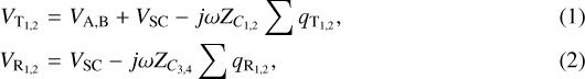 \begin{eqnarray*} V_{\textrm{T}_{1,2}}&=&V_{\textrm{A,B}}+V_{\textrm{SC}}-j\omega Z_{C_{1,2}}\sum q_{\textrm{T}_{1,2}},\\ V_{\textrm{R}_{1,2}}&=&V_{\textrm{SC}}-j\omega Z_{C_{3,4}}\sum q_{\textrm{R}_{1,2}},\end{eqnarray*}