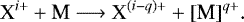 \begin{align*} \textrm{X}^{i&#x002B;} &#x002B; \textrm{M} &\longrightarrow {\textrm{X}}^{(i-q)&#x002B;} &#x002B; [\textrm{M}]^{q&#x002B;}.\end{align*}