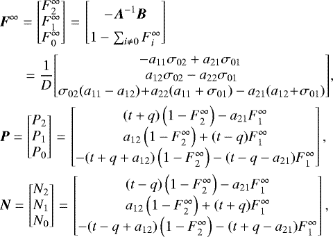 \begin{align*} &\vec{F}^{\infty} = \begin{bmatrix} F_2^{\infty} \\ F_1^{\infty} \\ F_0^{\infty} \end{bmatrix}{\,=\,} \begin{bmatrix} \multirow{2}{*}{$-\vec{A}^{-1} \vec{B}$} \\ \\ 1-\sum_{i\neq0} F_i^{\infty}\end{bmatrix} \nonumber\\ &\quad\;\;= \frac{1}{D}\!\begin{bmatrix} \! -a_{11}\sigma_{02}+a_{21}\sigma_{01} \\a_{12}\sigma_{02} - a_{22}\sigma_{01}\\ \sigma_{02}(a_{11}-a_{12}) \!+\! a_{22}(a_{11}+\sigma_{01}) - a_{21}(a_{12} \!+\! \sigma_{01})\!\end{bmatrix}\!,\nonumber\\ &\vec{P} = \begin{bmatrix} P_2 \\ P_1 \\ P_0 \end{bmatrix}{\,=\,} \begin{bmatrix} (t + q)\left(1 - F_2^{\infty}\right) - a_{21} F_1^{\infty}\\ a_{12}\left(1 - F_2^{\infty}\right) + (t - q) F_1^{\infty} \\ -(t+q+a_{12})\left(1 - F_2^{\infty}\right) - (t-q-a_{21}) F_1^{\infty} \end{bmatrix},\nonumber\\ &\vec{N} = \begin{bmatrix} N_2 \\N_1 \\ N_0 \end{bmatrix}{\,=\,} \begin{bmatrix} (t - q)\left(1 - F_2^{\infty}\right) - a_{21} F_1^{\infty}\\ a_{12}\left(1 - F_2^{\infty}\right) + (t + q) F_1^{\infty}\\ -(t-q+a_{12})\left(1 - F_2^{\infty}\right) - (t+q-a_{21}) F_1^{\infty} \end{bmatrix},\nonumber \end{align*}