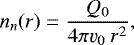 \begin{equation*} \begin{split} n_n(r) &=\frac{Q_0}{4\pi \varv_0\ r^2},\end{split} \vspace*{-5pt}\end{equation*}