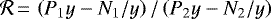 $\mathcal{R}{\,=\,} \left(P_1 y - N_1/y\right)/\left(P_2 y - N_2/y\right)$