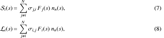 \begin{align}\mathcal{S}_i(s) & {\,=\,} \sum_{j\neq i}^{N} \sigma_{j,i}\, F_j(s)\ n_n(s),\\ \mathcal{L}_i(s) &{\,=\,} \sum_{j\neq i}^{N} \sigma_{i,j}\, F_i(s)\ n_n(s), \vspace*{-5pt}\end{align}