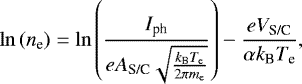 \begin{equation*}\ln{(n_{\textrm{e}})} = \ln{\left(\frac{I_{\textrm{ph}}}{eA_{\textrm{S/C}}\sqrt{\frac{k_{\textrm{B}}T_{\textrm{e}}}{2\pi m_{\textrm{e}}}}}\right)}-\frac{eV_{\textrm{S/C}}}{\alpha k_{\textrm{B}} T_{\textrm{e}}} ,\end{equation*}