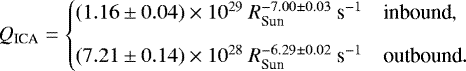 \begin{equation*} Q_{\textrm{ICA}} = \left\{\!\!\!\begin{array}{ll} (1.16\pm0.04)\times 10^{29}\ R_{\textrm{Sun}}^{-7.00\pm0.03}\ \textrm{s}^{-1} \quad\text{inbound}, \\[9pt] (7.21\pm0.14)\times 10^{28}\ R_{\textrm{Sun}}^{-6.29\pm0.02}\ \textrm{s}^{-1} \quad\text{outbound}. \end{array}\right.\end{equation*}