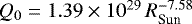 $Q_0 = 1.39\times10^{29}\,R_{\textrm{Sun}}^{-7.58}$