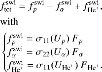 \begin{align*} &f^{\textrm{swi}}_{\textrm{tot}} = f^{\textrm{swi}}_p + f^{\textrm{swi}}_{\alpha} + f^{\textrm{swi}}_{\textrm{He}^+},\\ &\textrm{with}\nonumber\\ &\begin{cases} f^{\textrm{swi}}_p= \sigma_{11}(U_p)\ F_p\nonumber\\ f^{\textrm{swi}}_{\alpha}= \sigma_{22}(U_{\alpha})\ F_{\alpha}\nonumber\\ f^{\textrm{swi}}_{\textrm{He}^{+}}= \sigma_{11}(U_{\textrm{He}^{+}})\ F_{\textrm{He}^{+}}.\nonumber \end{cases} \end{align*}
