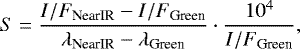 \begin{equation*} S=\frac{ I/F_{\textrm{NearIR}} - I/F_{\textrm{Green}} }{ \lambda_{\textrm{NearIR}} - \lambda_{\textrm{Green}} } \cdot \frac{ 10^{4} }{ I/F_{\textrm{Green}} },\end{equation*}