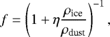 \begin{equation*} f = \left(1+\eta\frac{\rho_{\textrm{ice}}}{\rho_{\textrm{dust}}}\right)^{-1}, \end{equation*}