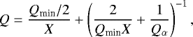 \begin{equation*} Q=\frac{Q_{\textrm{min}}/2}{X}+\left(\frac{2}{Q_{\textrm{min}}X}+\frac{1}{Q_{\alpha}}\right)^{-1}, \end{equation*}
