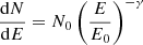 $$ \begin{aligned} \frac{\mathrm{d} N}{\mathrm{d} E} = N_0\left(\frac{E}{E_0}\right)^{-\gamma } \end{aligned} $$