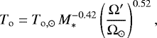 \begin{equation*} T_{\textrm{o}} = T_{\textrm{o}, \odot}\,M_*^{-0.42}\left(\frac{\Omega^{\prime}}{\Omega_{\odot}}\right)^{0.52} ,\end{equation*}