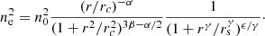 $$ \begin{aligned} n_\mathrm{e} ^2 = n_0^2 \frac{(r/r_{c})^{-\alpha }}{(1+r^2 / r_{c}^2)^{3\beta -\alpha /2}} \frac{1}{(1 + r^\gamma / r_\mathrm{s} ^\gamma )^{\epsilon / \gamma }}\cdot \end{aligned} $$