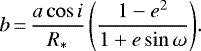 \begin{equation*}b \,{=}\, \frac{a \cos i}{R_{\mathrm{*}}} \left(\frac{1-e^2}{1+e\sin\omega}\right)\!. \end{equation*}