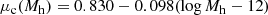 $$ \begin{aligned} \mu _{\rm c}(M_{\rm h}) = 0.830 - 0.098 (\log {M_{\rm h}} - 12) \end{aligned} $$