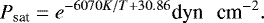 \begin{equation*} P_{\textrm{sat}} = e^{-6070 K/T+30.86} \textrm{dyn \, cm}^{-2}. \end{equation*}