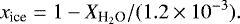 \begin{equation*} x_{\textrm{ice}}= 1 - X_{\textrm{H}_2\textrm{O}}/(1.2 \times 10^{-3}). \end{equation*}