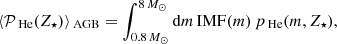 $$ \begin{aligned} \langle \mathcal{P} _{\text{ He}}(Z_{\star })\rangle _{\text{ AGB}} = \int _{ 0.8\,{M}_{\odot } }^{ 8\,{M}_{\odot } }{ \mathrm{d}m \, \mathrm{IMF} (m) \, p_{\text{ He}}(m,Z_{\star }) }, \end{aligned} $$
