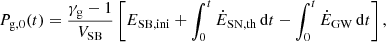 $$ \begin{aligned} P_{\mathrm{g},0}(t) = \frac{\gamma _{\mathrm{g}} -1}{V_{\mathrm{SB}}} \left[ E_{\rm SB,ini} + \int _0^t \dot{E}_{\rm SN,th}\,\mathrm{d}t - \int _0^t\dot{E}_{\rm GW}\,\mathrm{d}t \right], \end{aligned} $$