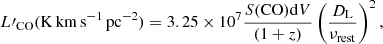 $$ \begin{aligned} {L}\prime _{\rm CO} (\mathrm{K\,km\,s^{-1}\,pc^{-2}}) = 3.25 \times 10^7 \frac{S(\mathrm{CO}) \mathrm{d}V}{(1+z)} \left(\frac{D_{\rm L}}{\nu _{\rm rest}}\right)^2, \end{aligned} $$