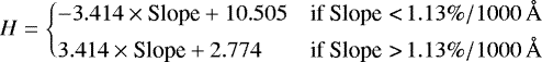 \begin{equation*} H = \begin{cases} -3.414 \times {\textrm{Slope}} &#x002B; 10.505 &\text{if Slope\,\,<\,$1.13\%/1000\,\AA$}\\[3pt] 3.414 \times {\textrm{Slope}} &#x002B; 2.774 &\text{if Slope\,\,>\,$1.13\%/1000\,\AA$}\vspace*{-3pt} \end{cases} \end{equation*}